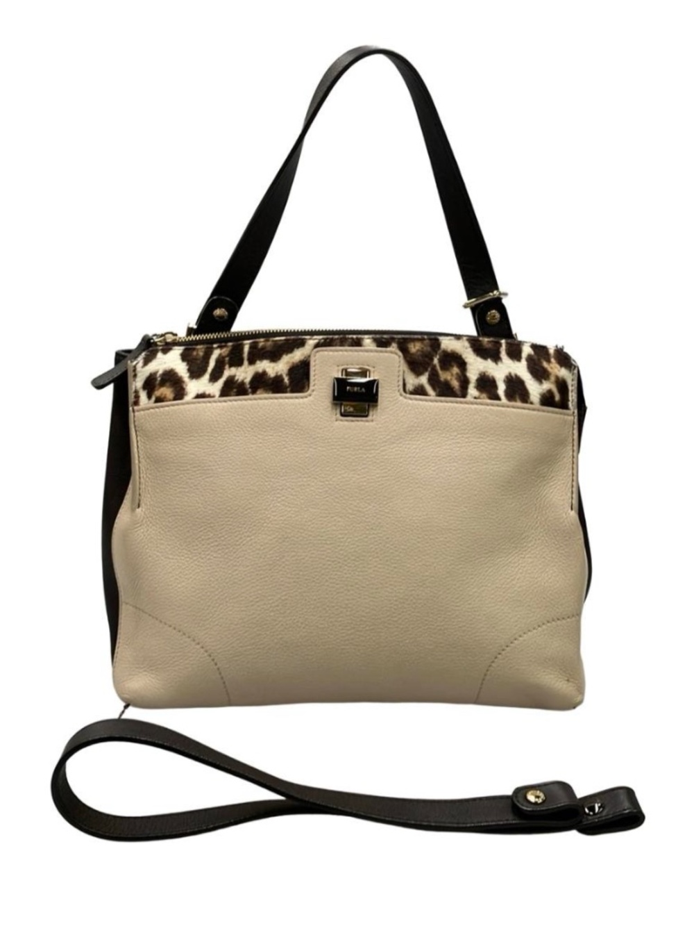 Furla Beige Leather Satchel with Leopard Accent and Black Straps